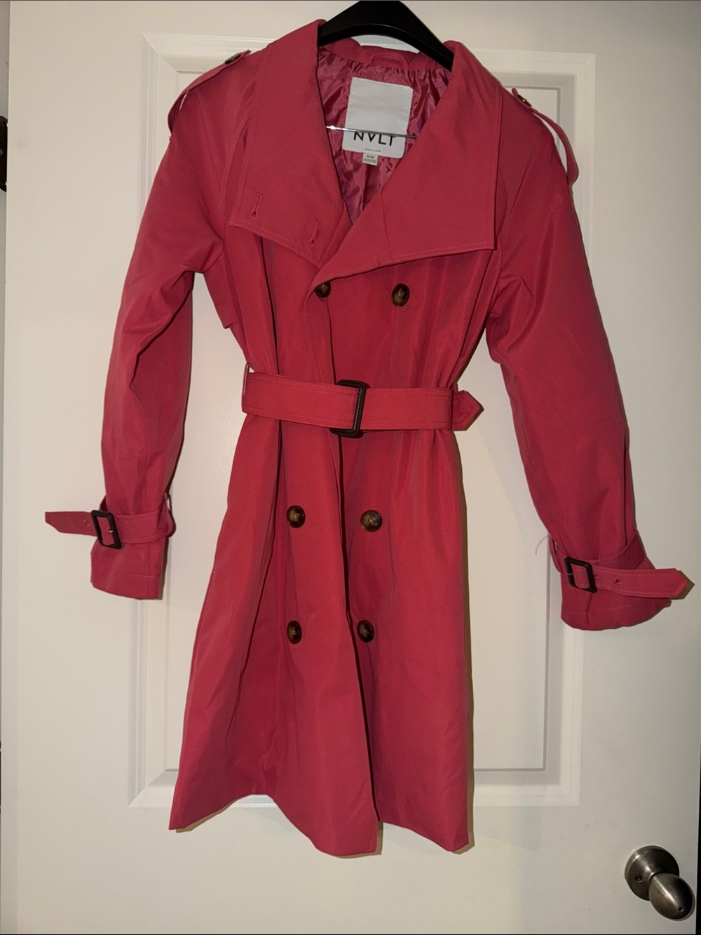 NVLT Coral-Pink Double-Breasted Trench Coat with Adjustable Belt